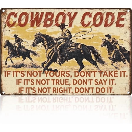 Western Cowboy Riding Horse Retro Wall Decor Metal Tin Sign 8" x 12" Cowboy Code Vintage Wall Art Poster for Man Cave Home Clubs Decor Gift