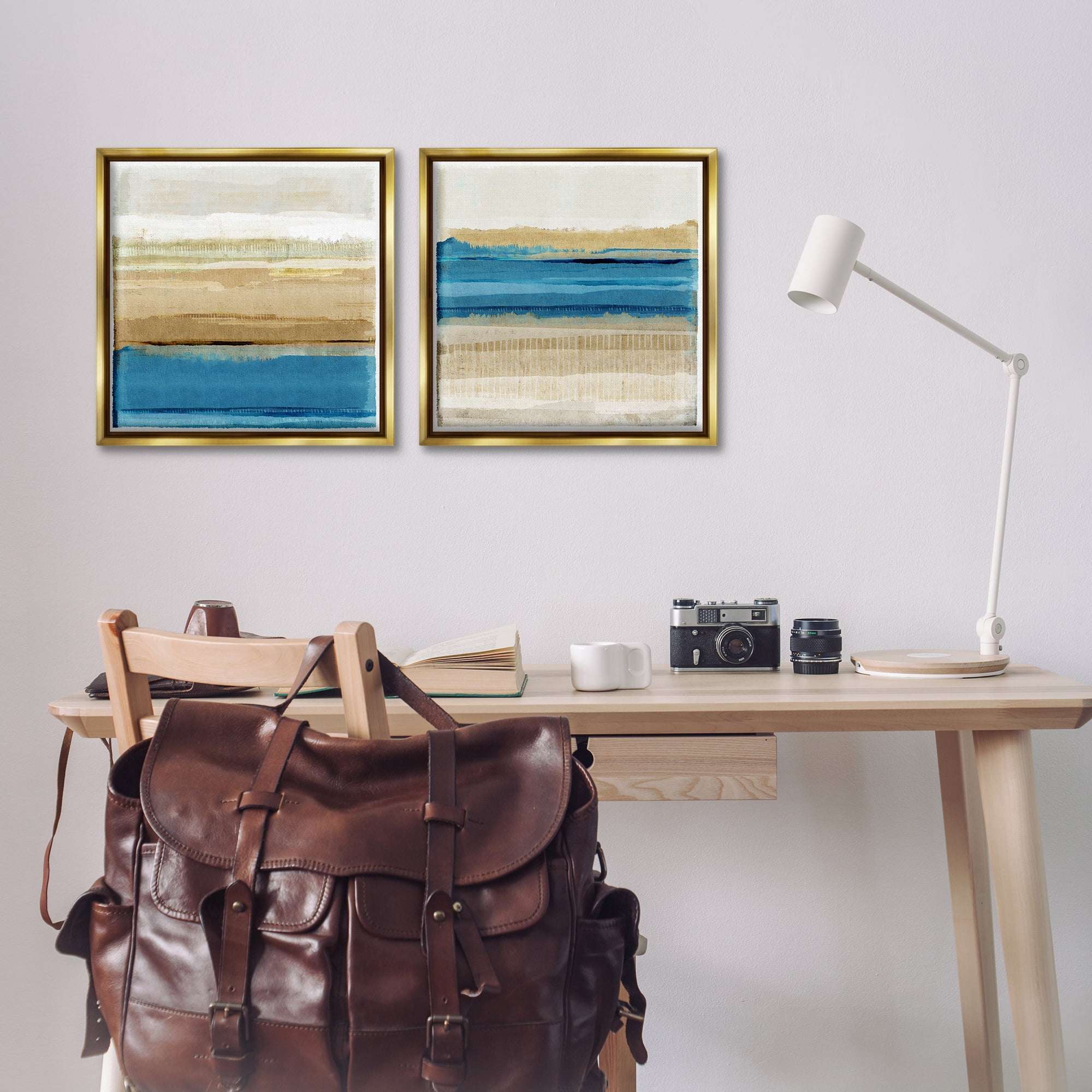 Stupell Industries Blue Gold Daze Striped Abstract Abstract Painting Gold Floater Framed Canvas Art Print Wall Art, 18 x 18, Set of 2