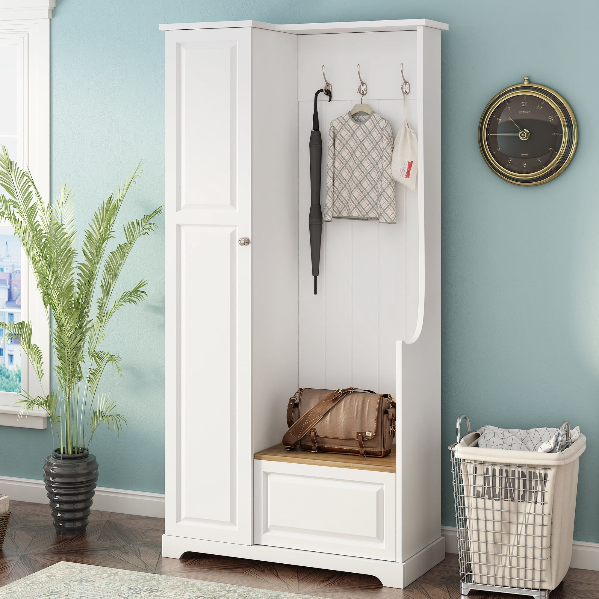 Leumius Hall Tree with Flip-Up Bench, Minimalist Hallway Shoe Cabinet with Adjustable Shelves, Multifunctional Furniture with Hanging Hooks for Entryways, Mudroom, White
