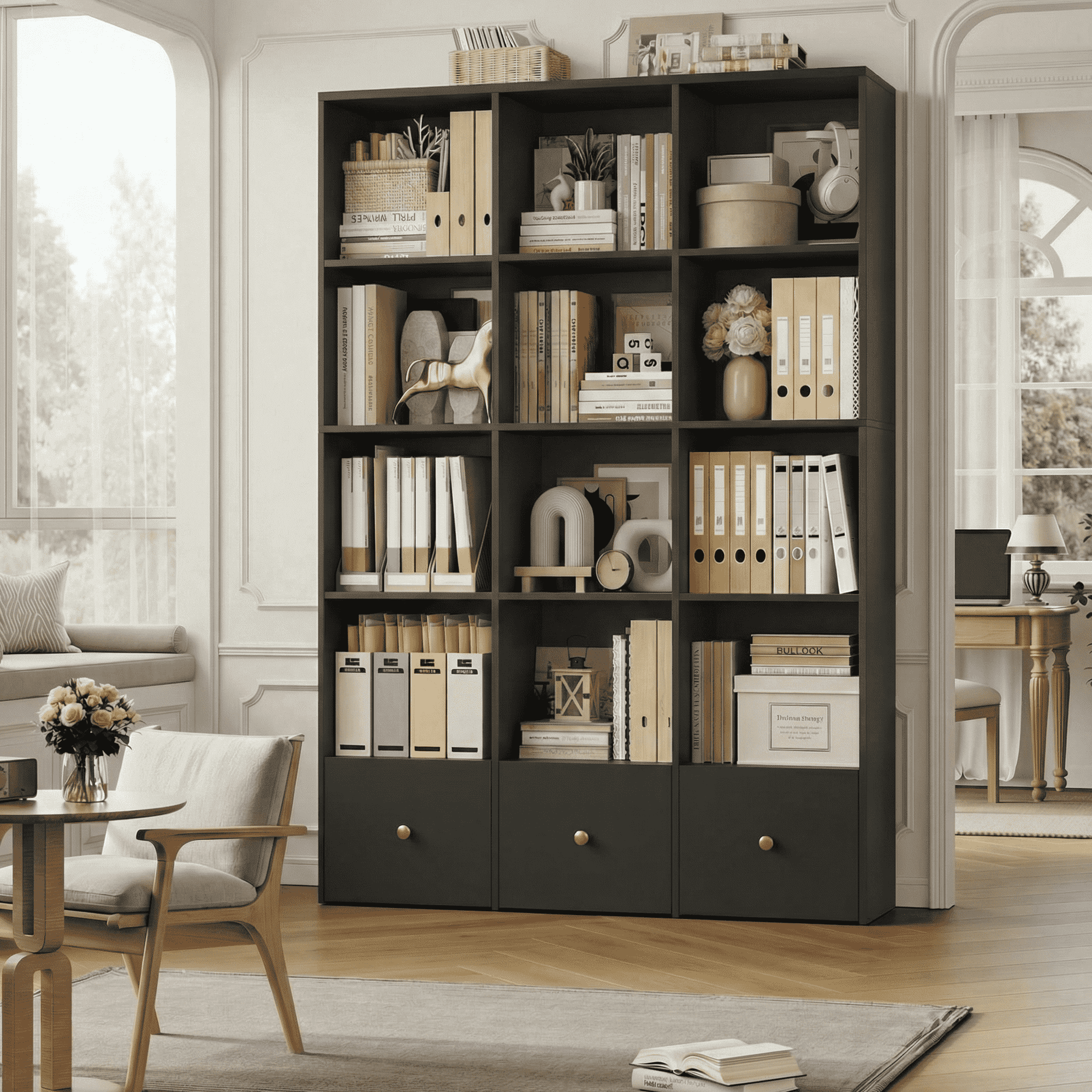 Hiphuta Triple Row 4-Tier Bookcase with 12 Cubes, 69" Tall Large Bookcase with 3 Drawers, for Office Living Room, Black