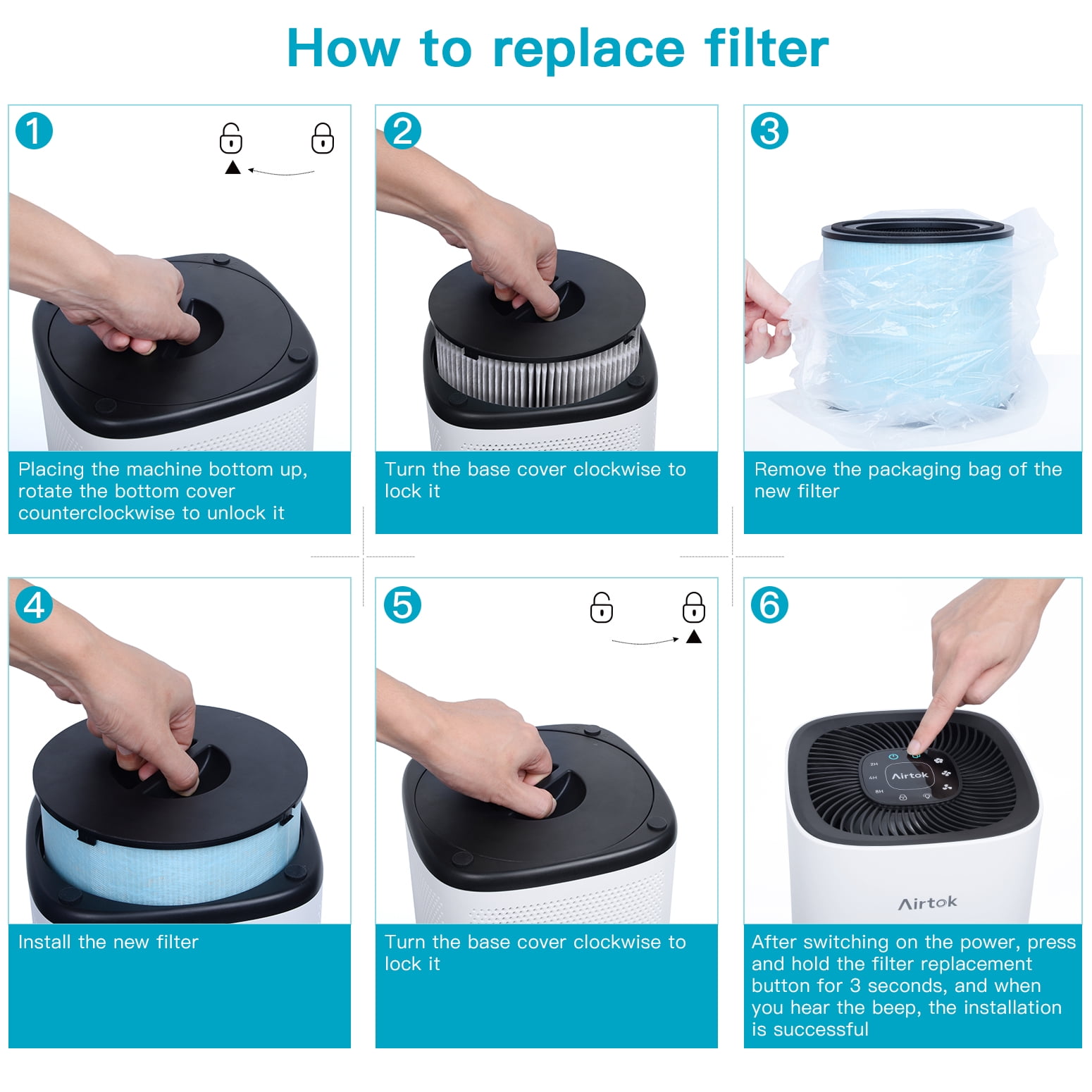 AIRTOK AP1001 Air Purifier Replacement Filter, 5-Layer Purification System, H13 True HEPA Filter, 1 Pack