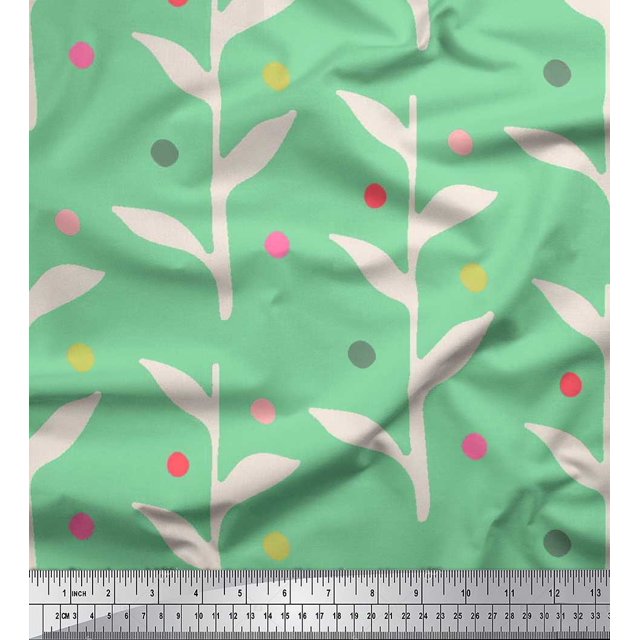 Soimoi Green Moss Georgette Fabric Dot & Leaves Print Fabric by Yard 42 Inch Wide