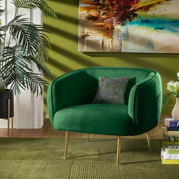 Ember Interiors Cuno Brass Finish Velvet Upholstered Accent Chair Emerald Green Com Ember Interiors Cuno Brass Finish, Emerald Green Accent Chair With Ottoman