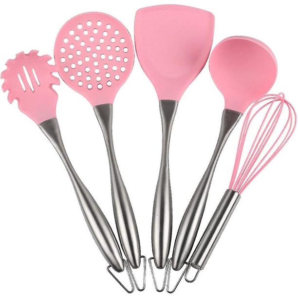 Juego de utensilios de cocina de silicona con mango de acero inoxidable rosa, 5 uds., batidor de huevos, cuchara, espátula, utensilios de cocina, juego de utensilios de cocina