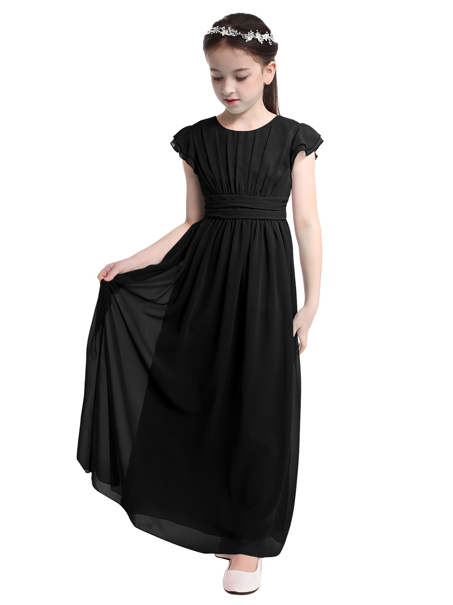 Square Neck Flutter Sleeve Girl's Dress Black