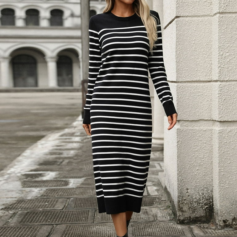ワンピース Striped Jacquard Knit Dress Striped Jacquard Knee Length Knit Dress Cotton | Profile