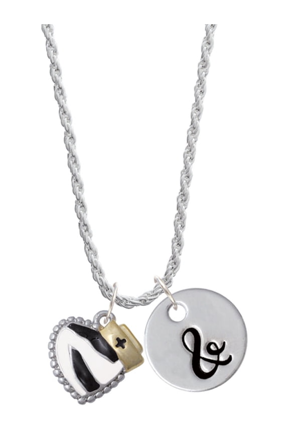 Zebra Print Heart with Nurse Hat Silvertone Script Initial Disc - & - Charm Necklace, 20"+3"