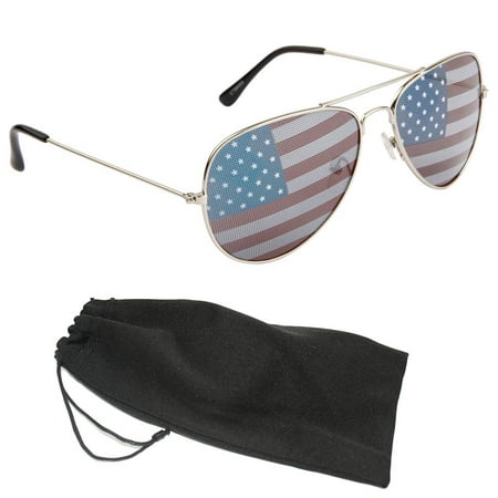 New American Flag Pilot Sunglasses USA July 4th Independence Day Silver Frames