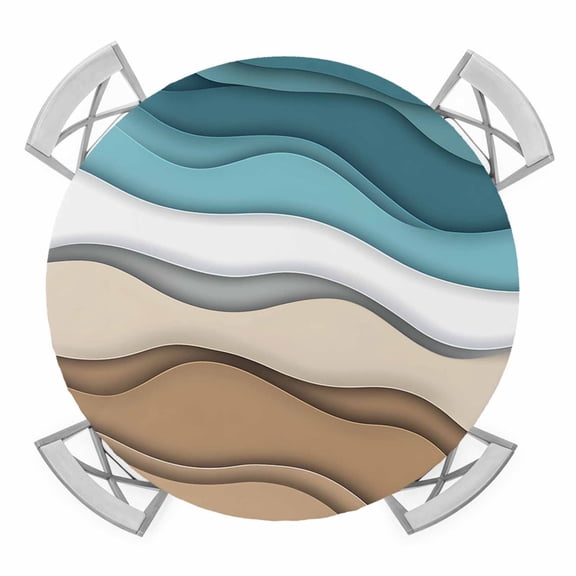 Teal Brown Ombre Round Tablecloth for 36-44 Inch Tables, Fitted Table Cover with Elastic Edge, Modern Abstract Moire Aesthetics Waterproof Outdoor Table Cloth Protector for Patio Garden Dinner Picnic