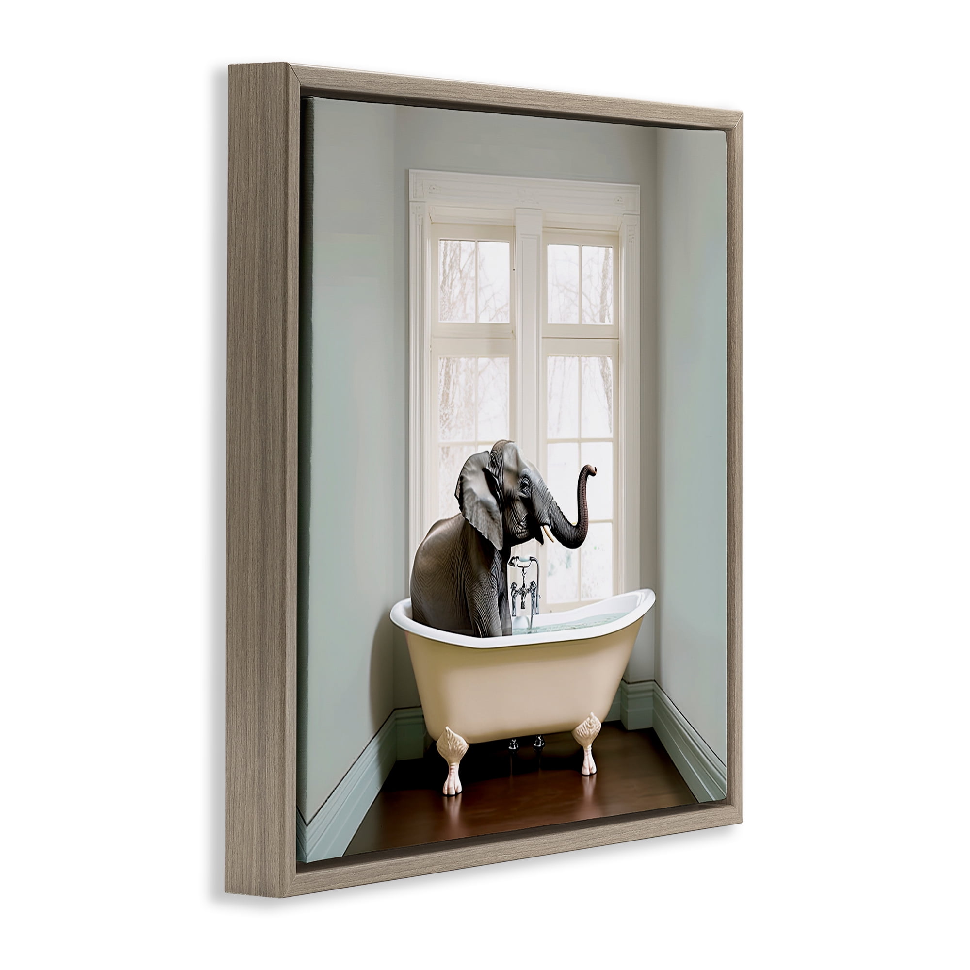 Minimal Elephant Bathtime Brown Framed Floater Canvas Wall Art, design by Sasha