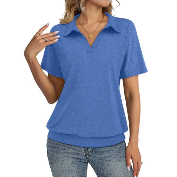 Womens Polo Shirts Short Sleeve Banded Bottom Tops Business Casual Tunic Tops Collared V Neck Dressy Blouses Blue S