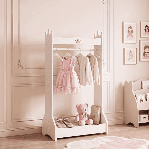 PAWON Kids Dress Up Storage Wardrobe,Open Hanging Armoire, White Wooden Costume Organizer Center
