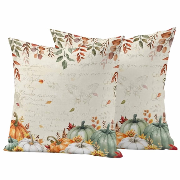 Green Orange Fall Outdoor Waterproof Pillow Covers, Pumpkins Botanical Thanksgiving Retro Decorative Square Throw Pillowcase Sofa Cushion Sham for Patio/Couch/Chair, 20"x20" 2 Pack