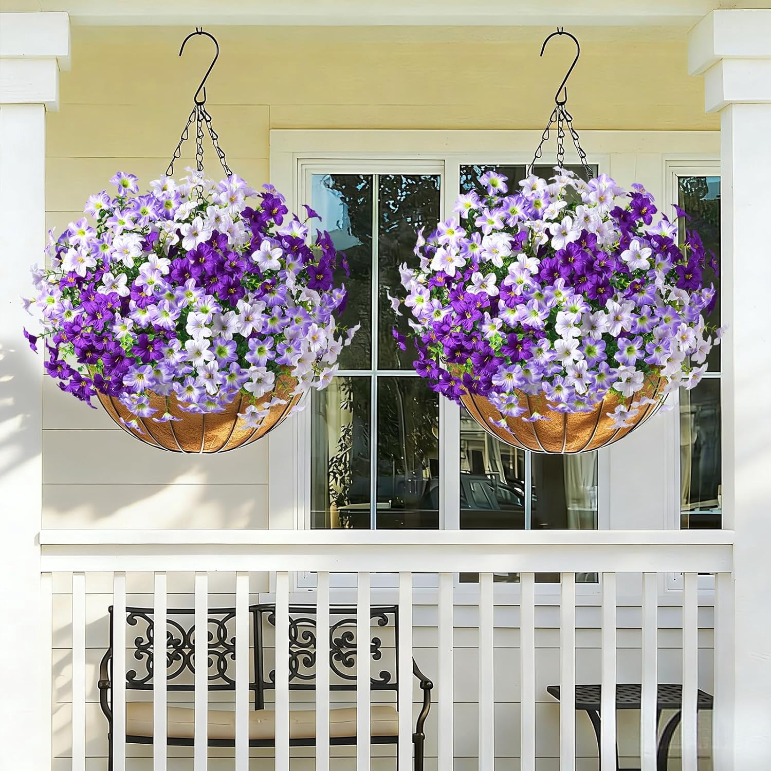 Yastouay 12 Bundles Artificial Petunias Flowers for Outdoors,UV Resistant Fake Flowers for Planters,Purple White Faux Petunias Silk Flowers for Proch Garden Yard Decor