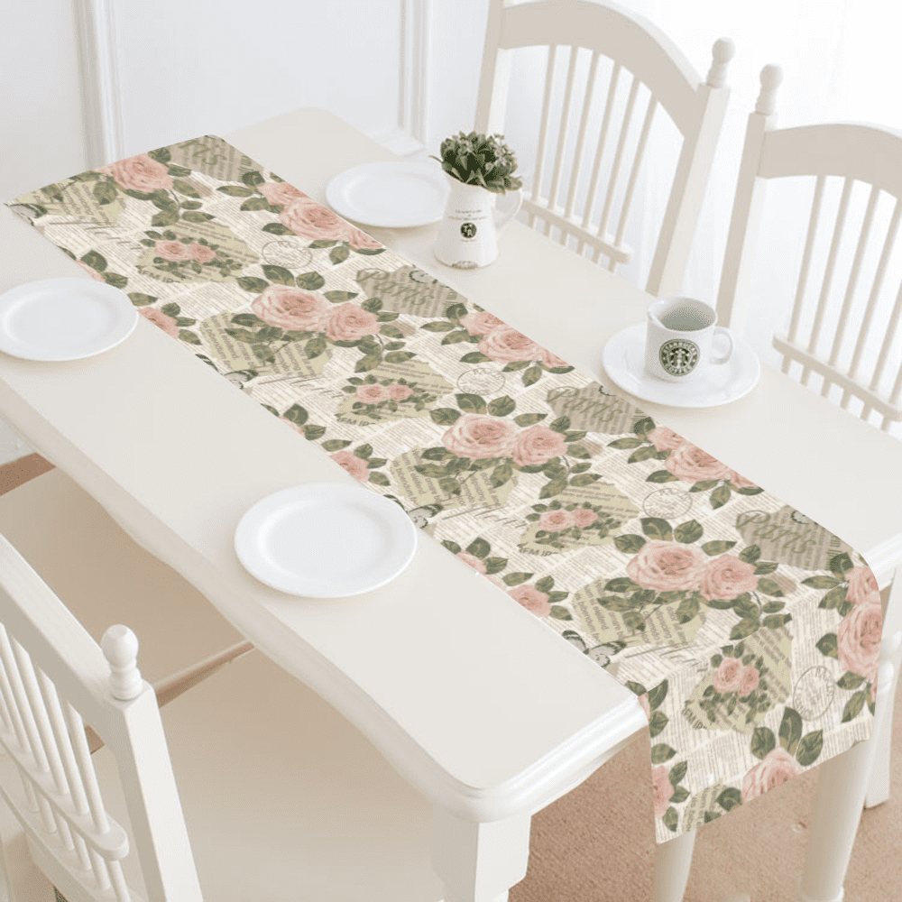 SUNENAT Antique Rose Floral,Flowers in Vintage Newspaper Table Runner