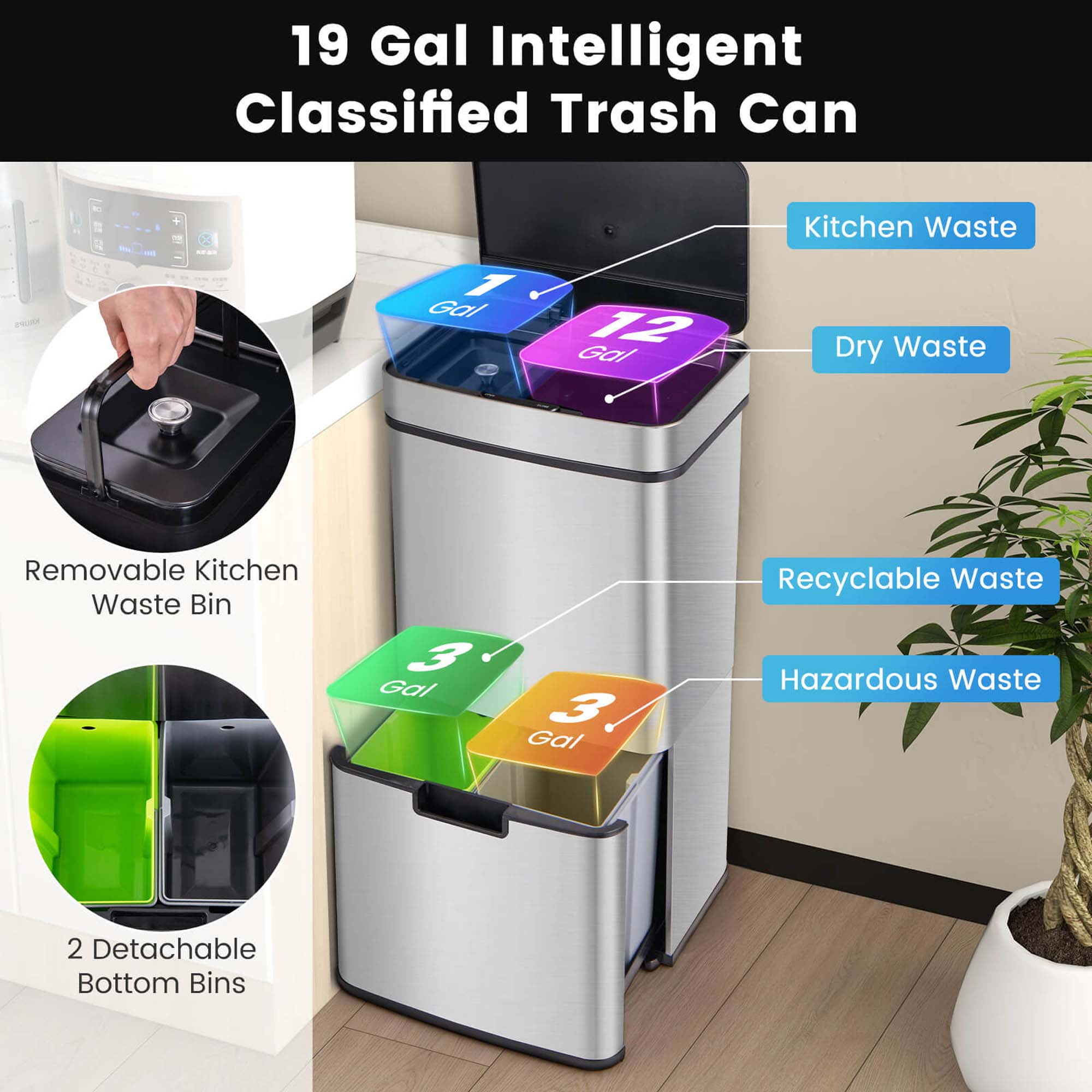Costway 19 Gal Kitchen Trash Can with Soft Closing Lid & Stay-open Design Inner Buckets Silver