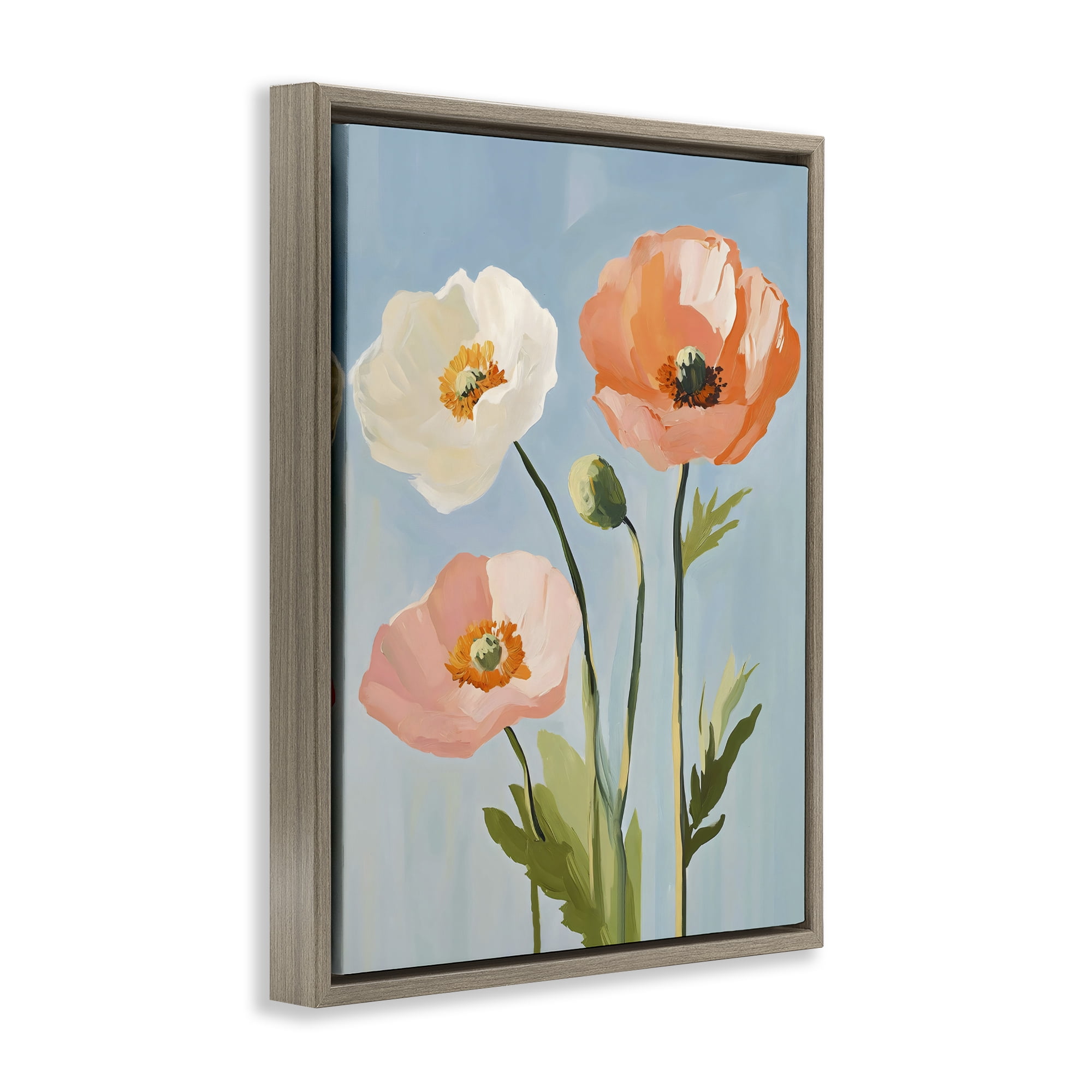 Stupell Industries Pastel Poppy Blooming Trio Brown Framed Floater Canvas Wall Art, design by The Prints Vibe