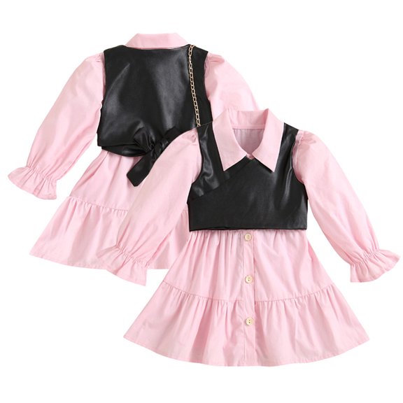 KYAIGUO Toddler Baby Girls Long Sleeve One Piece Shirt Dress PU Leather Vest 2PCS Spring Fall Clothes Outfits for 18M-6T