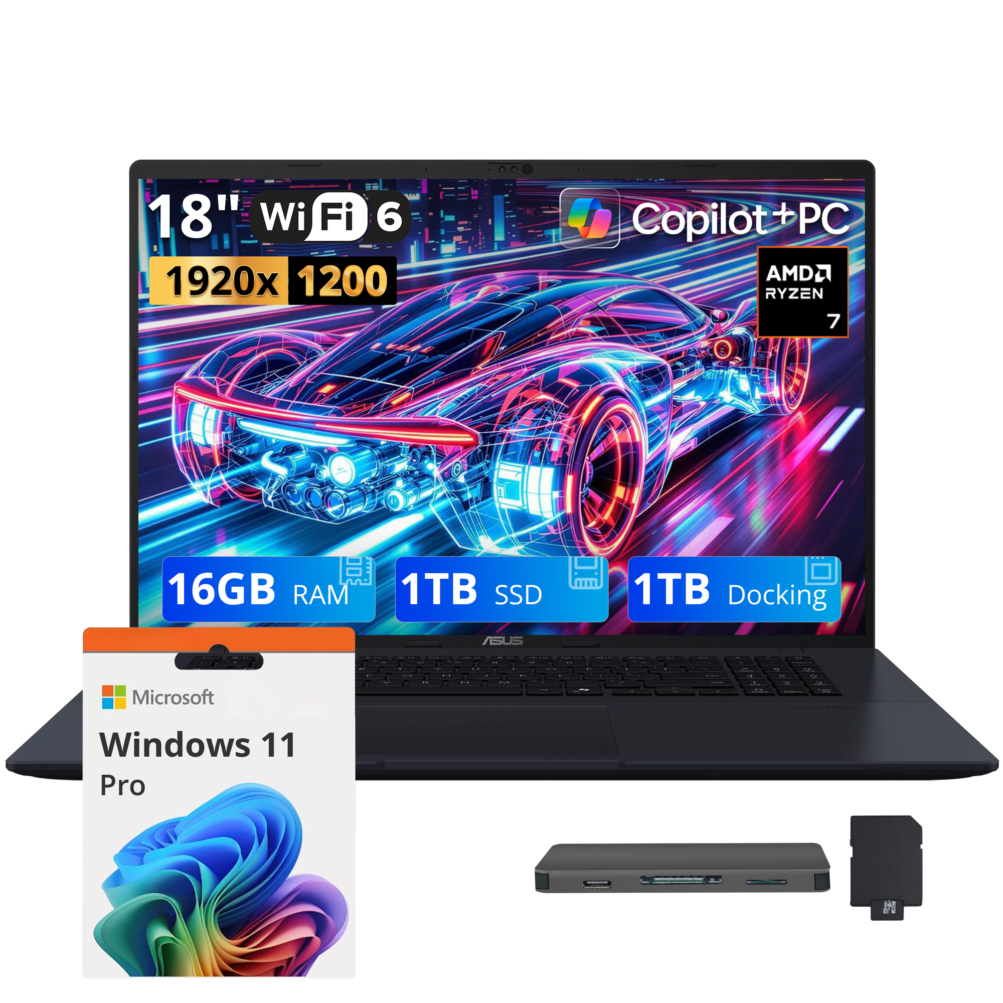 ASUS Vivobook 18 18" WUXGA 144Hz Business Laptop, AMD Ryzen 7 260, 16GB DDR5, 2TB Storage (1TB SSD+1TB Docking Station), AMD Radeon Graphics, Copilot+ PC, Backlit Keyboard, Wi-Fi 6, Win 11, Blue