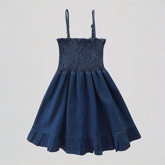 REDARER Toddler Girls' Wash Denim Sundress, Smocked Spaghetti Strap Ruffled Hem Dress, Summer Casual Princess Dress for Kids,1-2 Years