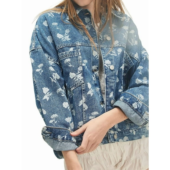 Women Casual Printed Oversized Button Down Long Sleeve Boyfriend Vintage Jean Jacket Coat with Pockets Dark Blue XL