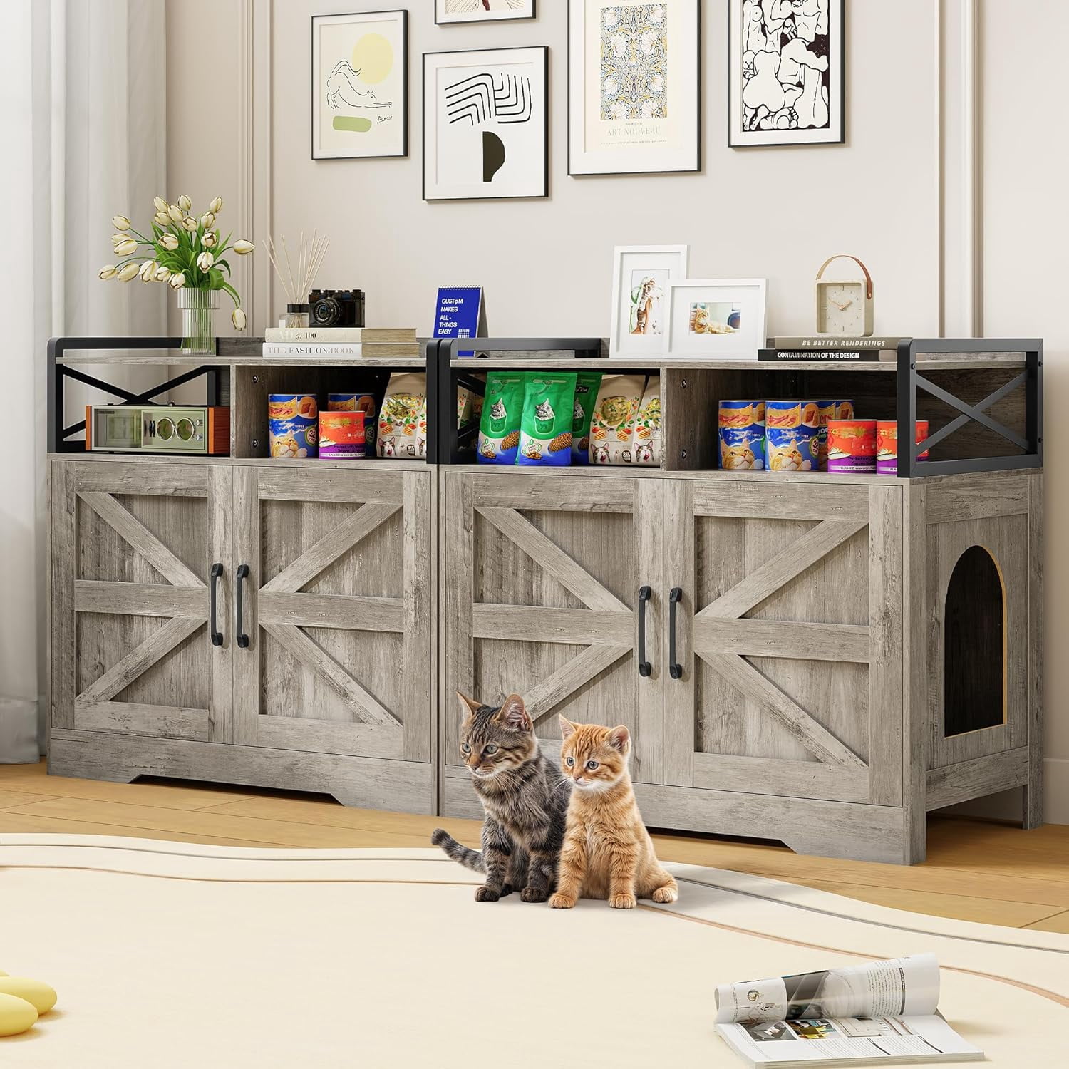SELOOYE Cat Litter Box Enclosure, Ultra-Large Hidden Litter Box Furniture with 2 Open Drawers, Pet House, Fit Most of Litter Box, Grey