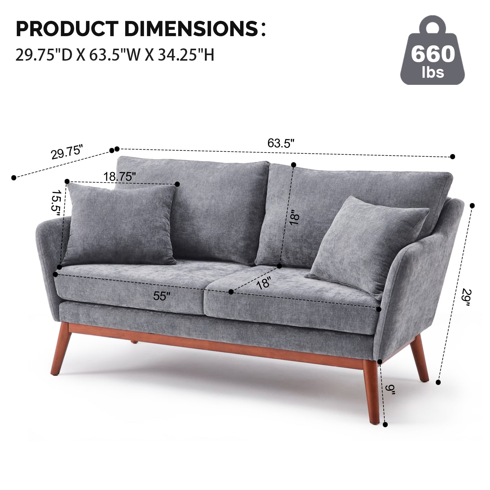 Ktaxon Mid-Century Modern Loveseat, Linen Blend 2-Seater Sofa, Solid Wood Frame Couch for Living Room, Apartment Gray