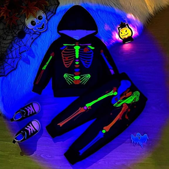 Glow In The Dark Halloween Skeleton For Kids Boys Toddler Long Sleeve Hooded Top And Pants Two Piece Outfit Jumpsuit