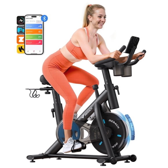 MERACH Bicicleta de Ejercicio Bicicleta Estática Doméstica Magnética con Aplicación Gratuita Bicicleta de Ciclismo de Interior Silenciosa con Mancuernas con Capacidad de Peso de 300 Libras