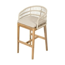Christopher Knight Home 29" Outdoor Bar Stool with Rope Back, Wood Frame with Removable Cushion, Beige, Set of 2