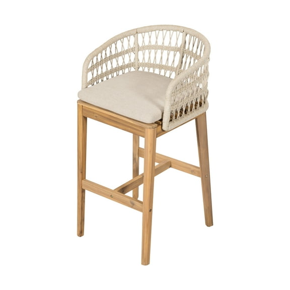 Christopher Knight Home 29" Outdoor Bar Stool with Rope Back, Wood Frame with Removable Cushion, Beige, Set of 2