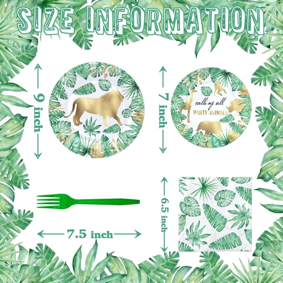 SHILIU-Gold Safari Jungle Party Supplies – Disposable Plates, Napkins, Green Forks – Tropical Leaves Tableware for Wild One Birthday, Baby Shower, Gold Animal Theme Decorations