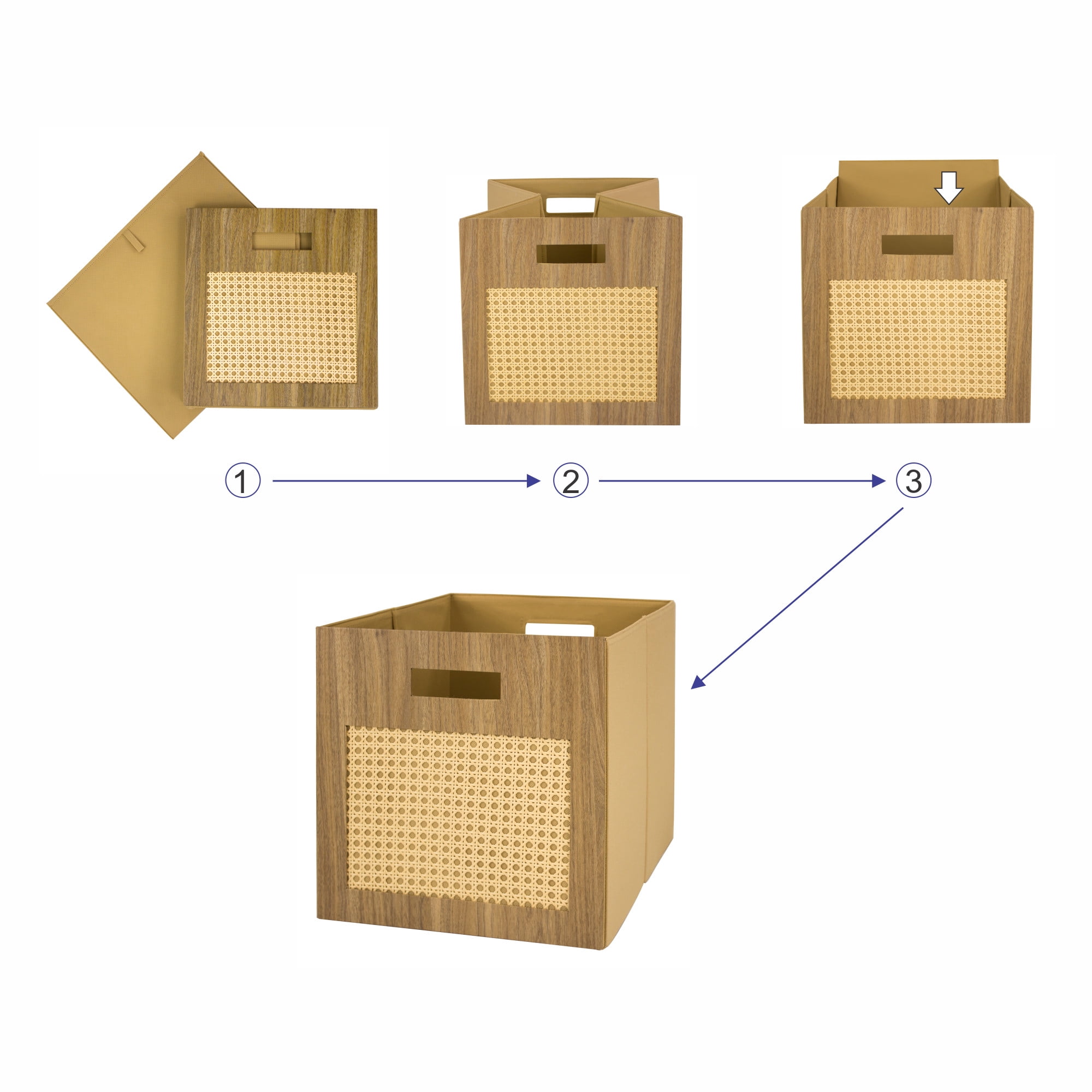 Better Homes & Gardens Fabric Cube Storage Bins, Honey with Caning, 2 Pack, 12.75 in x 12.75 in x 15 in