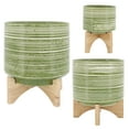 thumbnail image 4 of Sagebrook Home Ceramic 10" Planter On Wooden Stand, Olive, Round, Ceramic, Contemporary, 10"L X 10"W X 11"H, Striped, 4 of 8