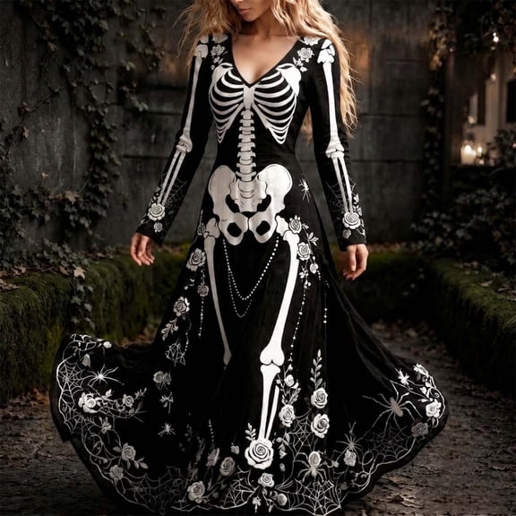 HCBY Women Skeleton Dress Halloween V Neck Long Sleeve Skull Print Gothic Swing Maxi Dress for Party