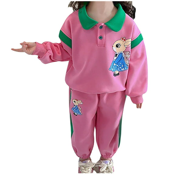 Zwiiyzr 2024 Girl's Sweaters Set 2 Piece Outfits Button Down Pattern Long Sleeve Pullover Pants Clothes Set Girls Sweatshirt for 2-10 Years Pink