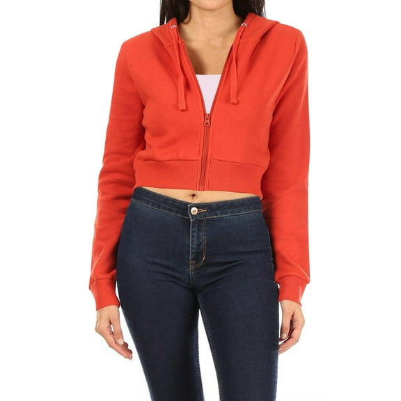 Women's Basic Casual Cotton Fleece Long Sleeves Solid Full-Zip Cropped Sweatshirt Hoodie Rust S