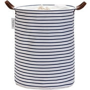 Hinwo 68L Large Capacity Laundry Hamper Canvas Fabric Laundry Basket Collapsible Storage Bin with PU Leather Handles and Drawstring Closure, 19.7 by 15.7 inches, Waterproof Inner Layer, Navy Stripe