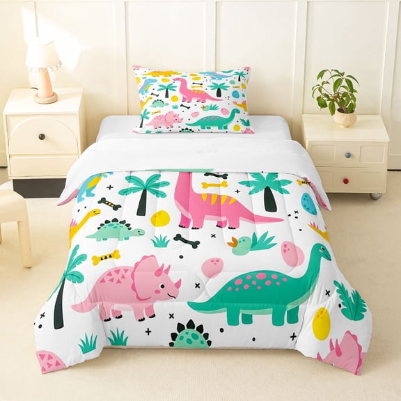 Homewish Funny Dino Twin Comforter Sets,Kawaii Wild Dinosaur Bedding Set,Pink,2-Piece,1 Comforter and 1 Pillowcase