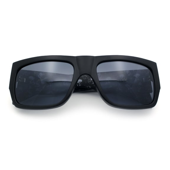 Locs Mens Skull Pattern Arm Thick Temple Rectangle Gangster Sunglasses Matte Black - Dark Skull