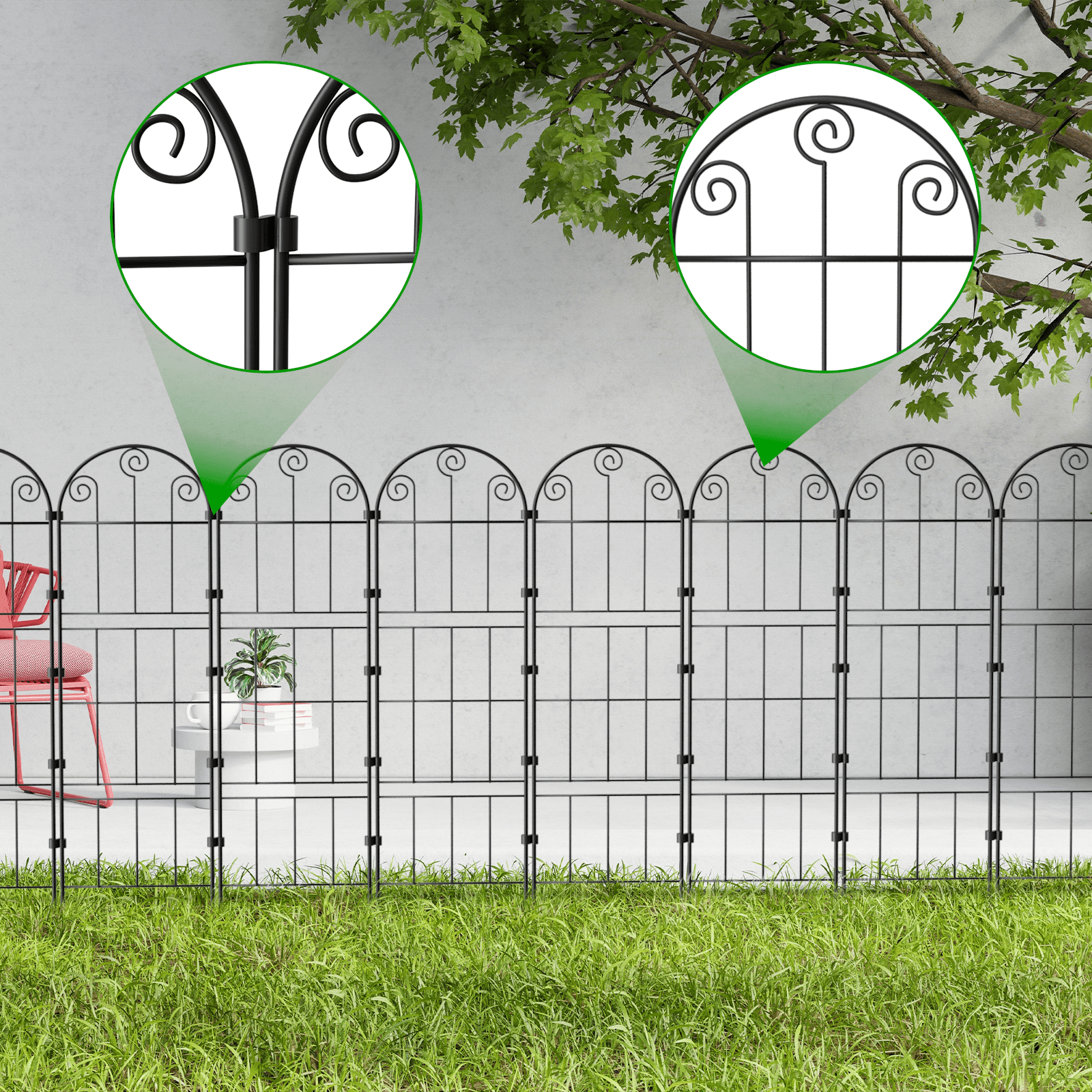 8-Pack Double-Layer Arched Window Garden Fence 6.56FT Total Length, 47.24in×9.84in Black Metal Decorative Animal Barrier for Yard Patio Flower Bed