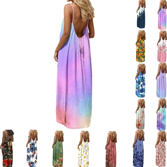 Elvqul Womens Maxi Dress Flowy Summer Dress Pullover Tunic Scoop Neck Beach Floral Sleeveless Dress for Women, Sizes S-5X