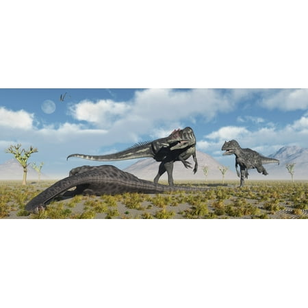 - Carnivorous Allosaurus dinosaurs approaching the carcass of a dead Diplodocus sauropod dinosaur Poster Print