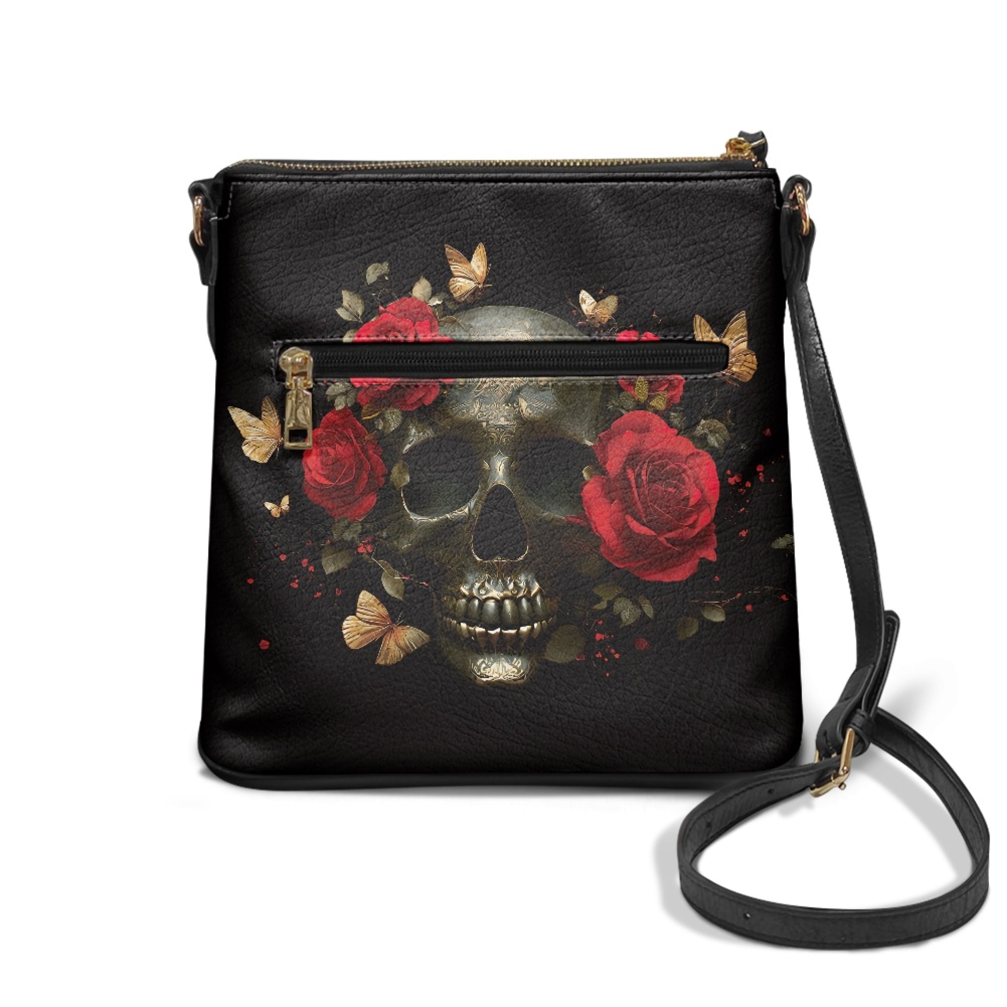 Kuiaobaty Skull Butterfly Rose Print Crossbody Bag for Women, Gothic Lightweight PU Leather Shoulder Purse with Adjustable Strap, Casual Zipped Pockets Hobo Handbag Crossbody for Travel