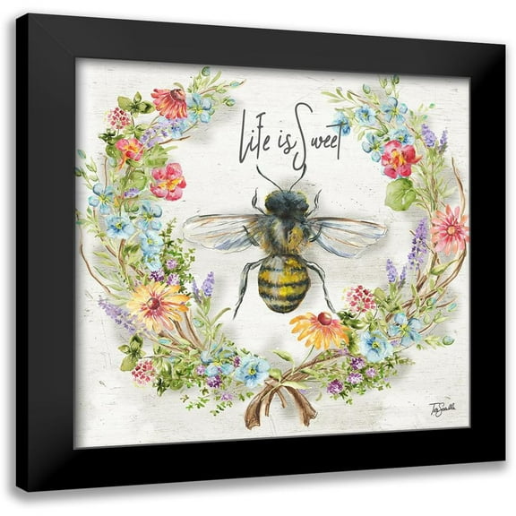 Tre Sorelle Studios 12x12 Black Modern Framed Museum Art Print Titled - Honey Bee and Herb Blossom Wreath I