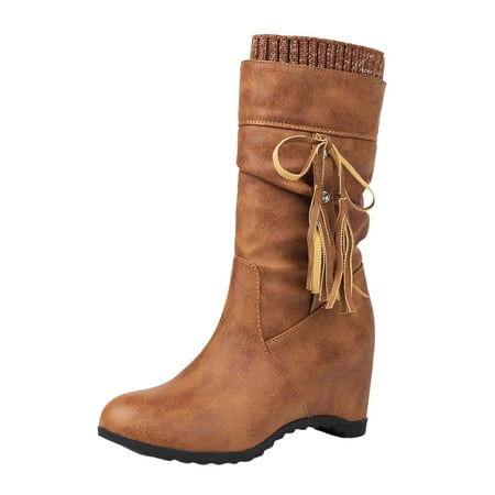 

ZMHEGW Boots for Women Solid Color Tassel Bow Decoration Simple Round Toe Flat Bottom Sleeve Mid Calf Sock Boots Shoes