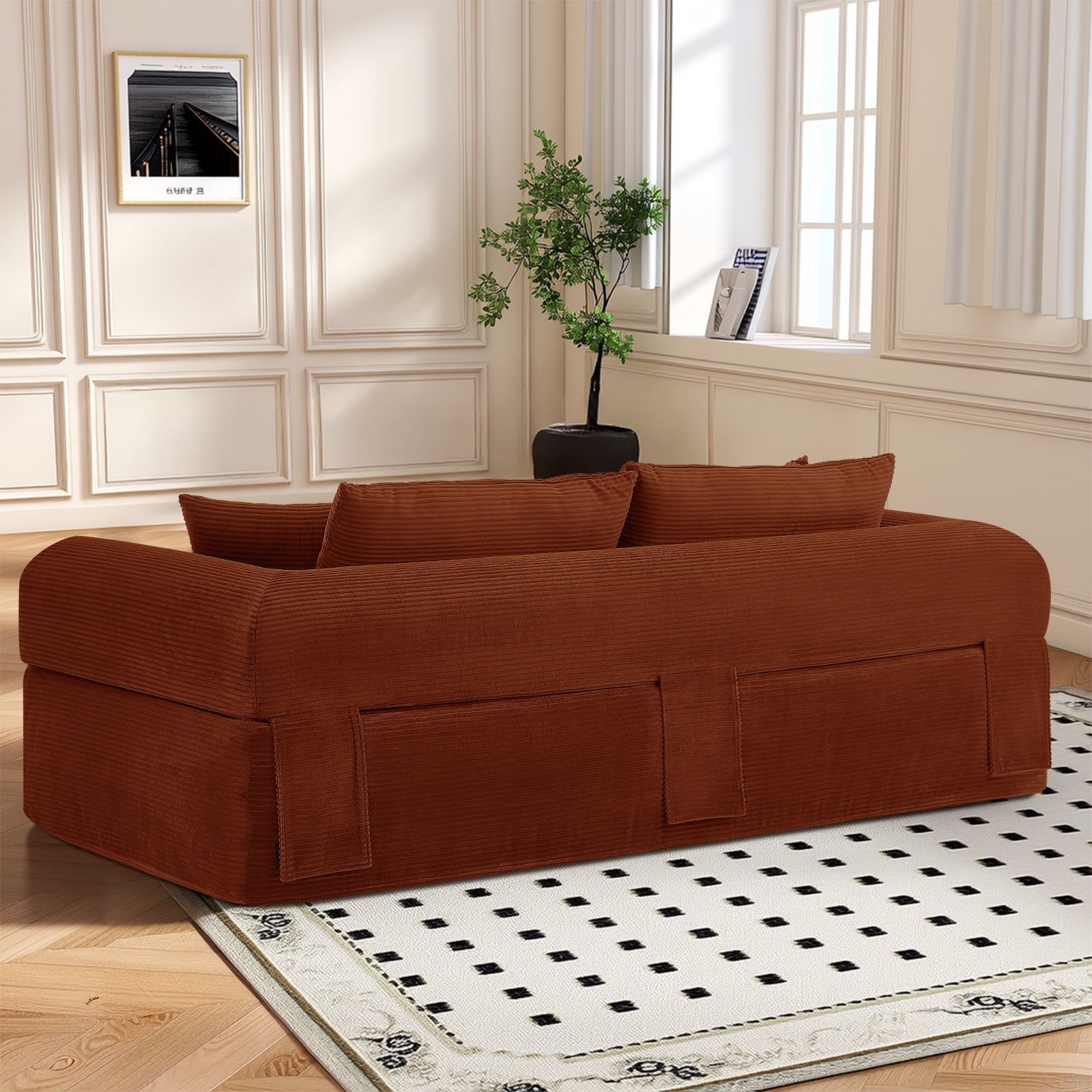 83" Seater Sofa Bed Couch with 4 Furry Pillows & Corduroy Fabric, No Assembly Sofa in a Box, Boneless Couch with Side Storage Pockets for Living Room, Bedroom, Office