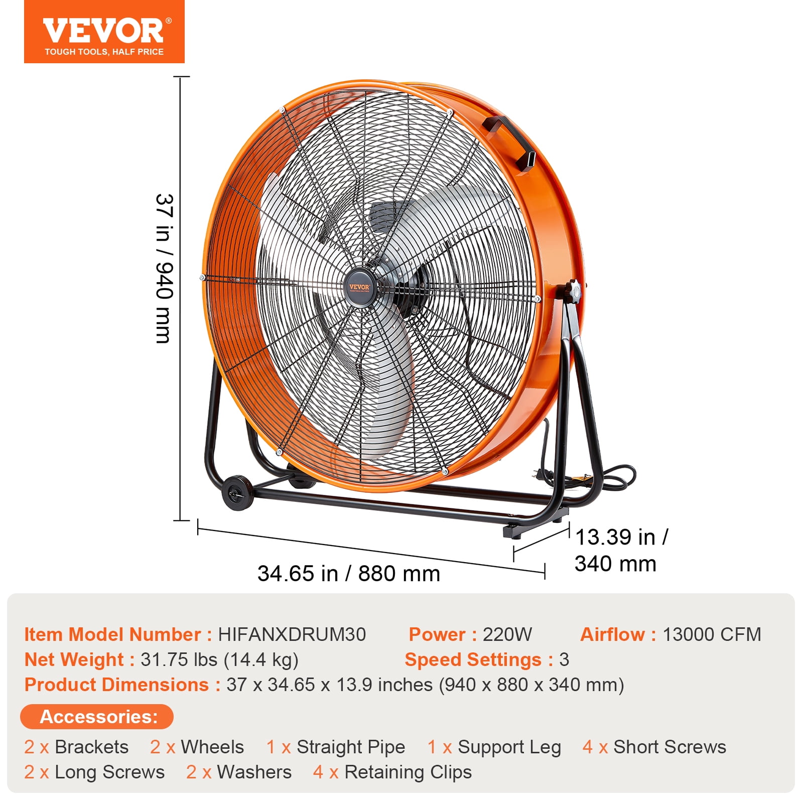 VEVOR Drum Fan, 30 Inch High Velocity Industrial Shop Fan, Heavy Duty Commercial Use 3-Speed 13000CFM, 360°Adjustable Tilting Industrial Floor Fan for Warehouse,Workshop,Factory, Basement