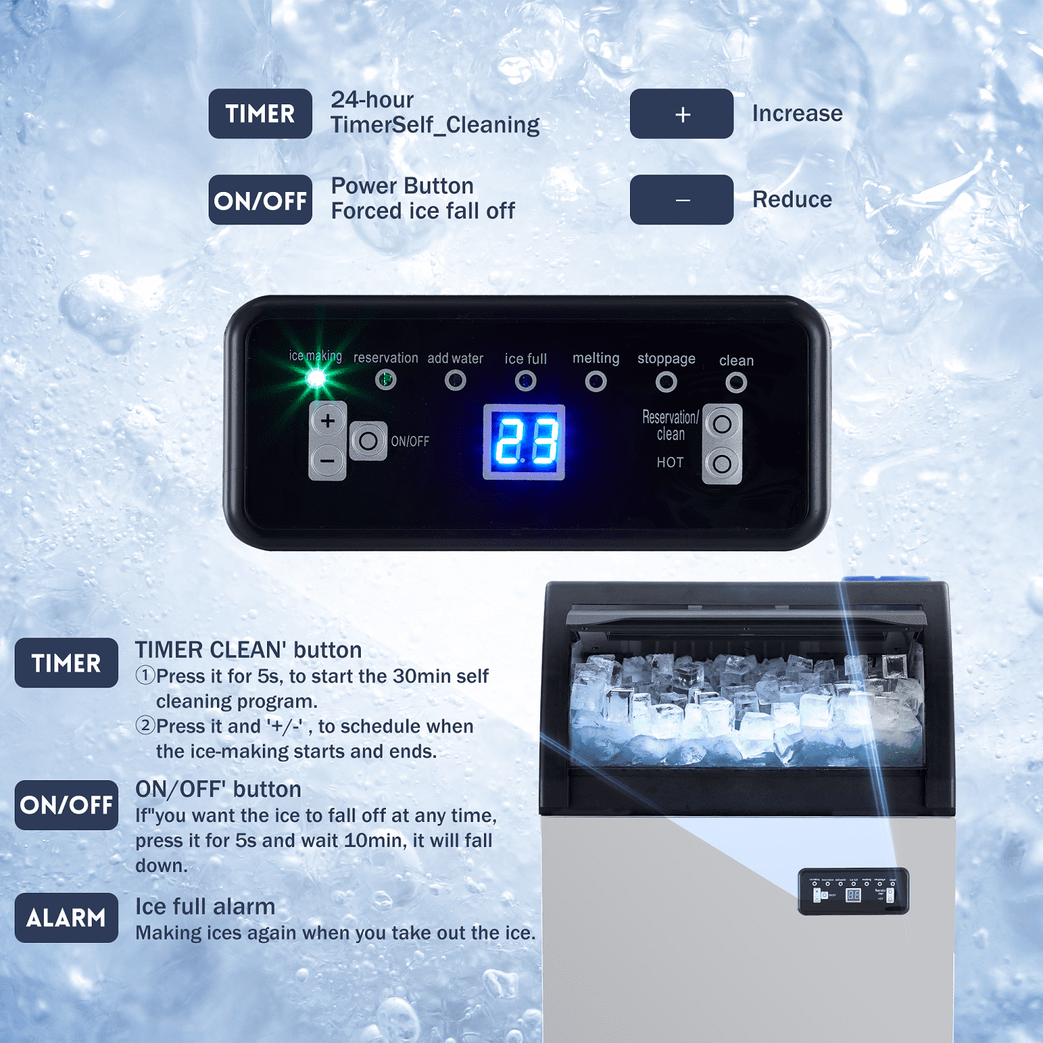 Garvee Commercial Ice Maker Machine 100lbs/24H, Stainless Steel Under Counter ice Machine with Large Storage, Double Water Inlet, Silver