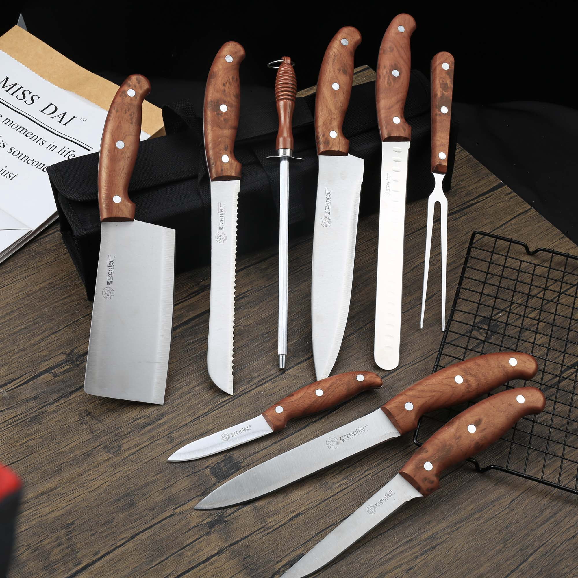 Blusmart 9-Piece Kitchen Knife Set with Portable Roll Bag, High-Performance Stainless Steel Professional Chef Knife Set, Ergonomic Knife Collection for Home, Camping and BBQ, Brown